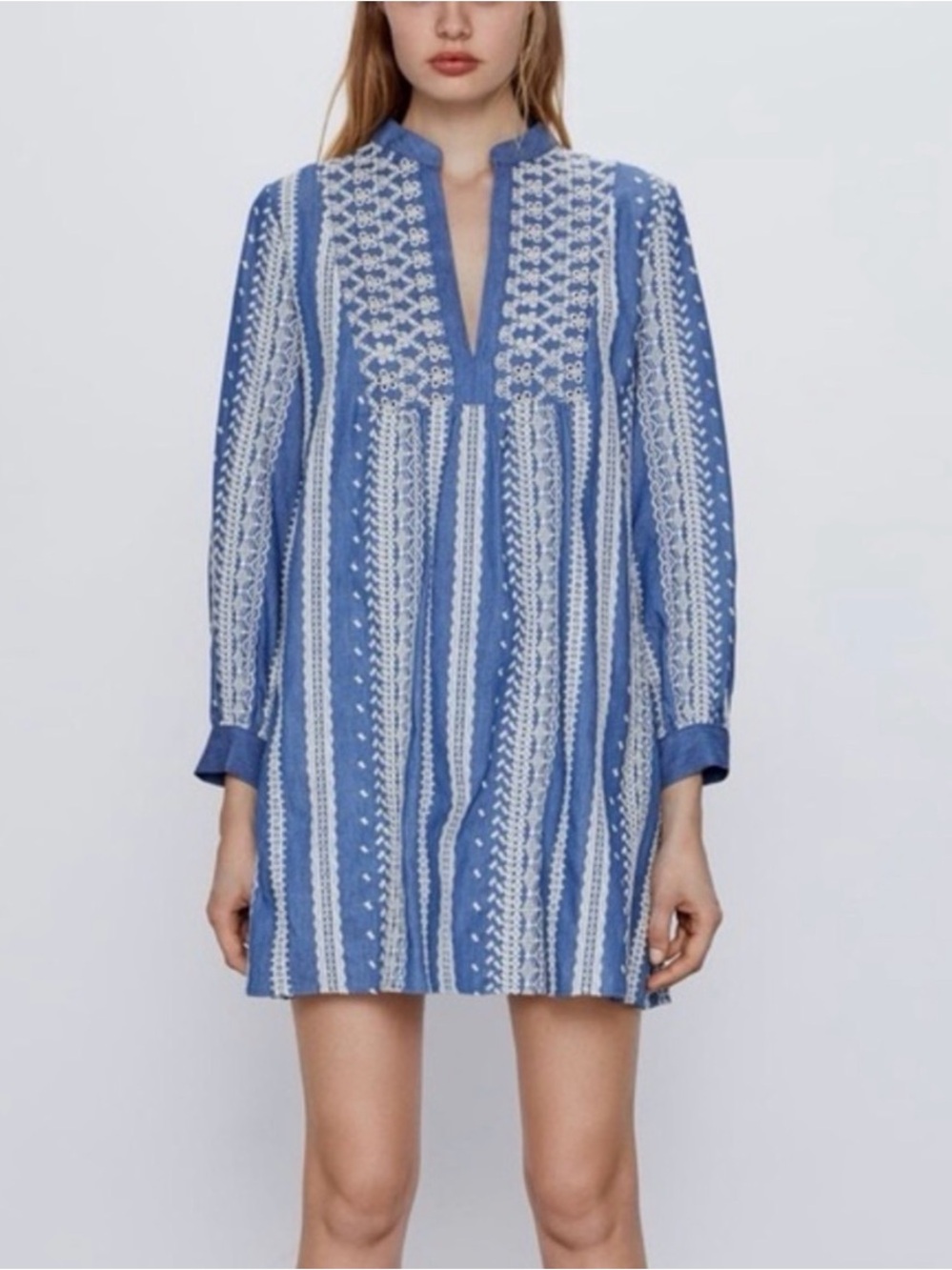 Zara Blue and White Embroidered Striped Mini Tunic Dress